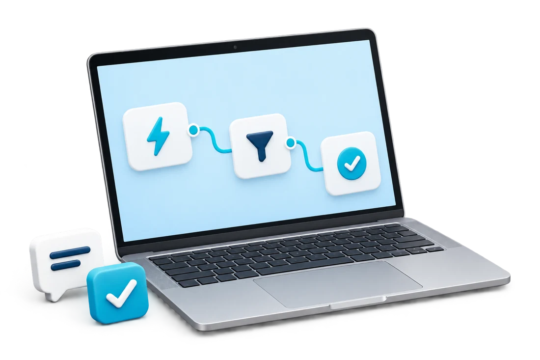 Notebook com um fluxo de automação: gatilho, condição e ação