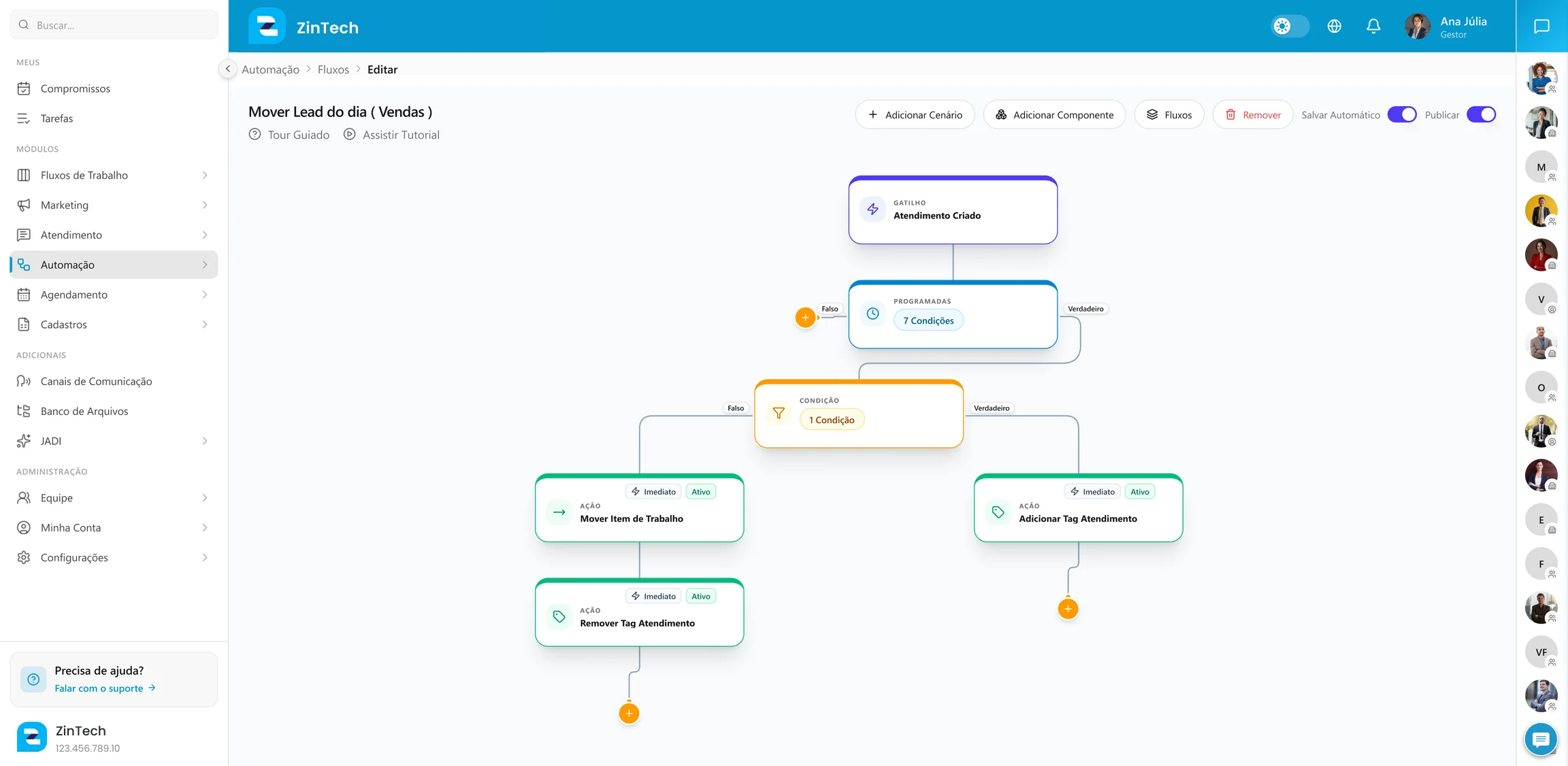 Editor visual de fluxo da ZinTech com gatilho, condições e ações conectados